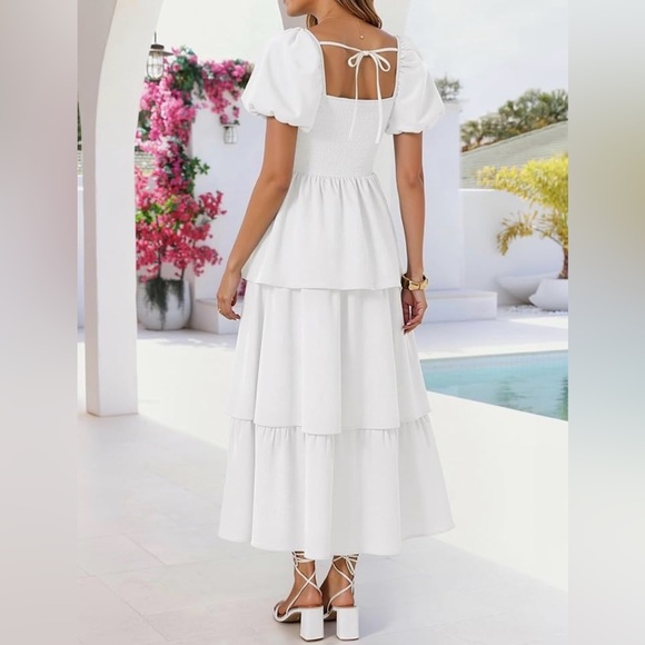 Boho Puff Sleeve Modest Midi Square Neck Dress | Easter Dress, Wedding Dress - Picture 5 of 5